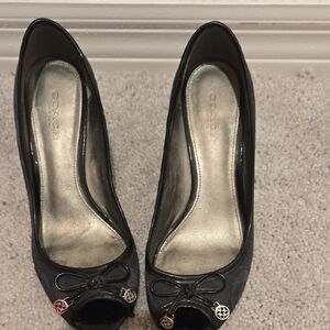 Coach Black Peep-Toe Heels with Charm Detail FRONT NEEDS LIGHT GLUE DOWN